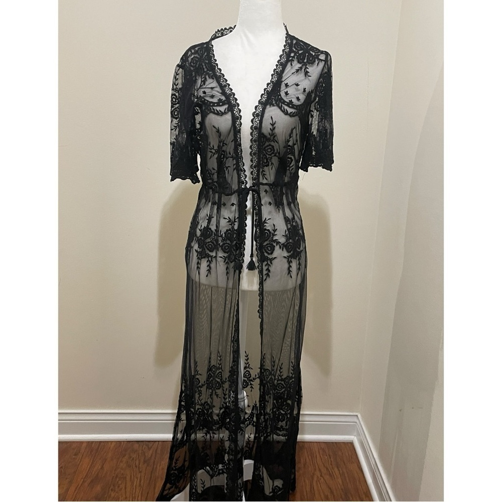 NWT Bloomingdale's AQUA Black Floral Short Sleeve Sheer Kimono, M - Picture 4 of 16